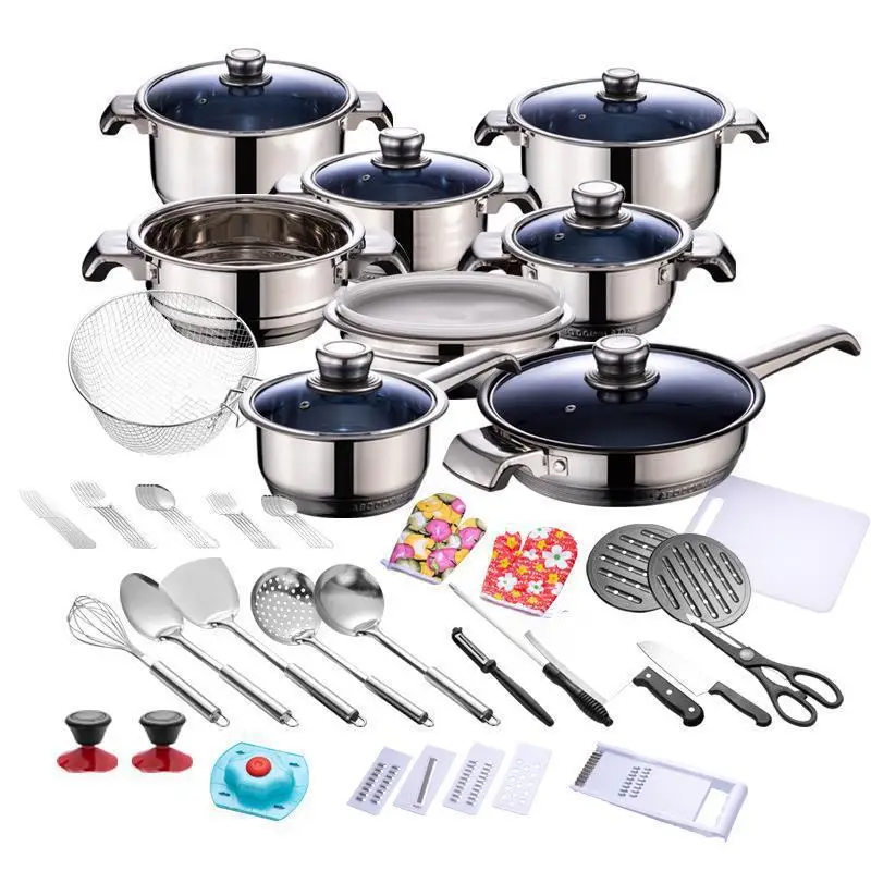 100Pcs Non Stick Kitchen Cookware Set Custom Stainless Steel Stock Pot Wholesale With Glass Lid For Home Cooking