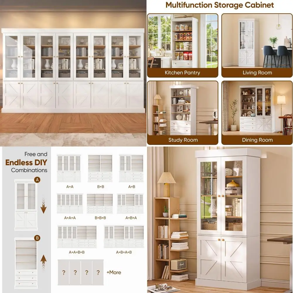 

71" high rustic white farmhouse kitchen pantry cabinet with glass doors & adjustable shelves