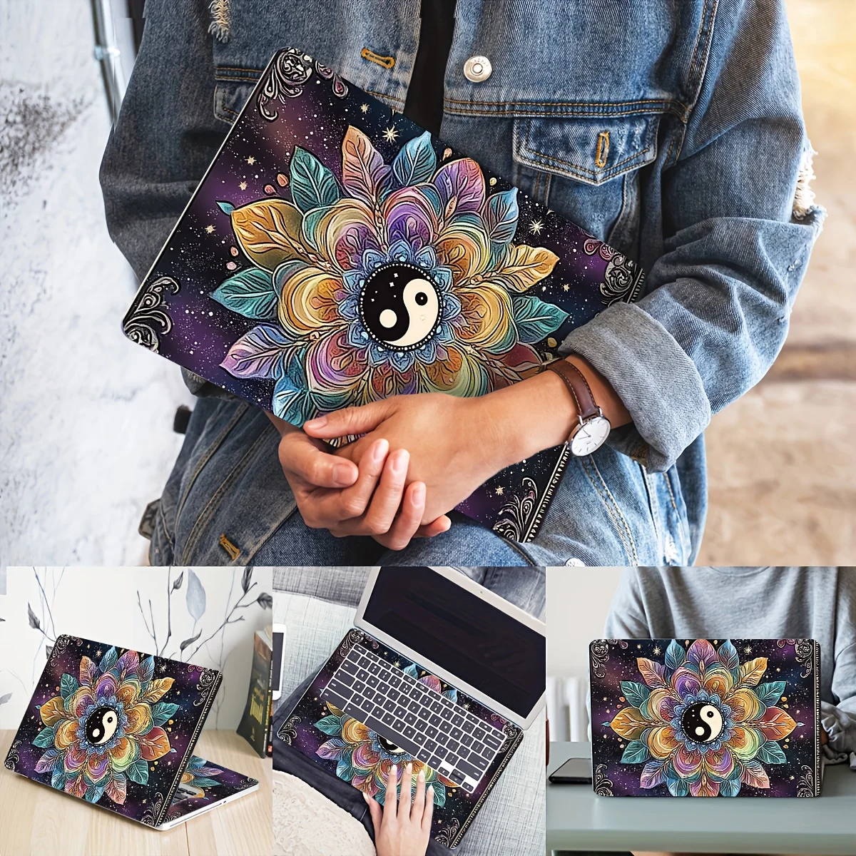 2Pcs Yin Yang Floral Laptop Art Sticker Set - Vivid Mandala Design, Waterproof and Scratch Resistant, Suitable for Laptop,