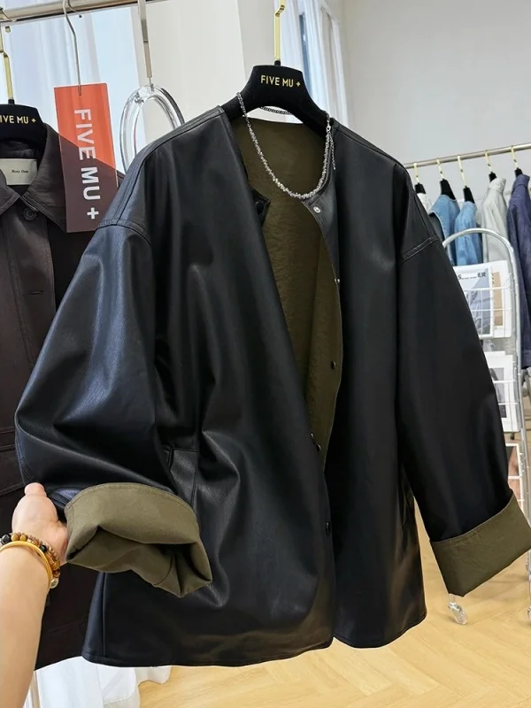 特大サイズ 300 ポウ レディース リバーシブル レザー ジャケット ルーズ PU レザーコート シック 韓国風 ゆったり 秋 ファッション