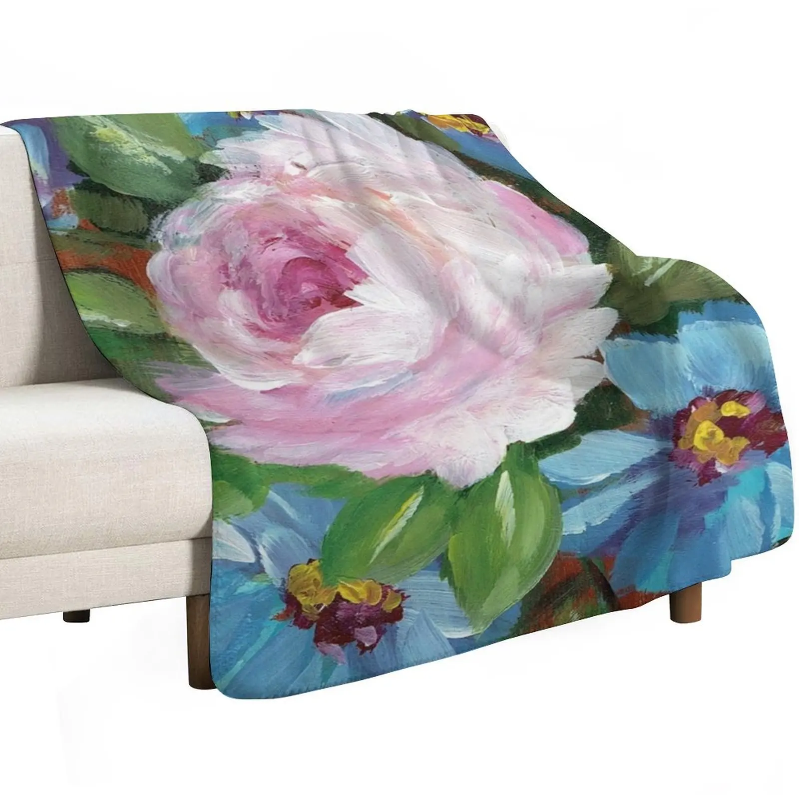 Single Pink Rose Surrounded by Blue Flowers Throw Blanket Large christmas gifts Plush Summer Beddings Luxury Throw Blankets