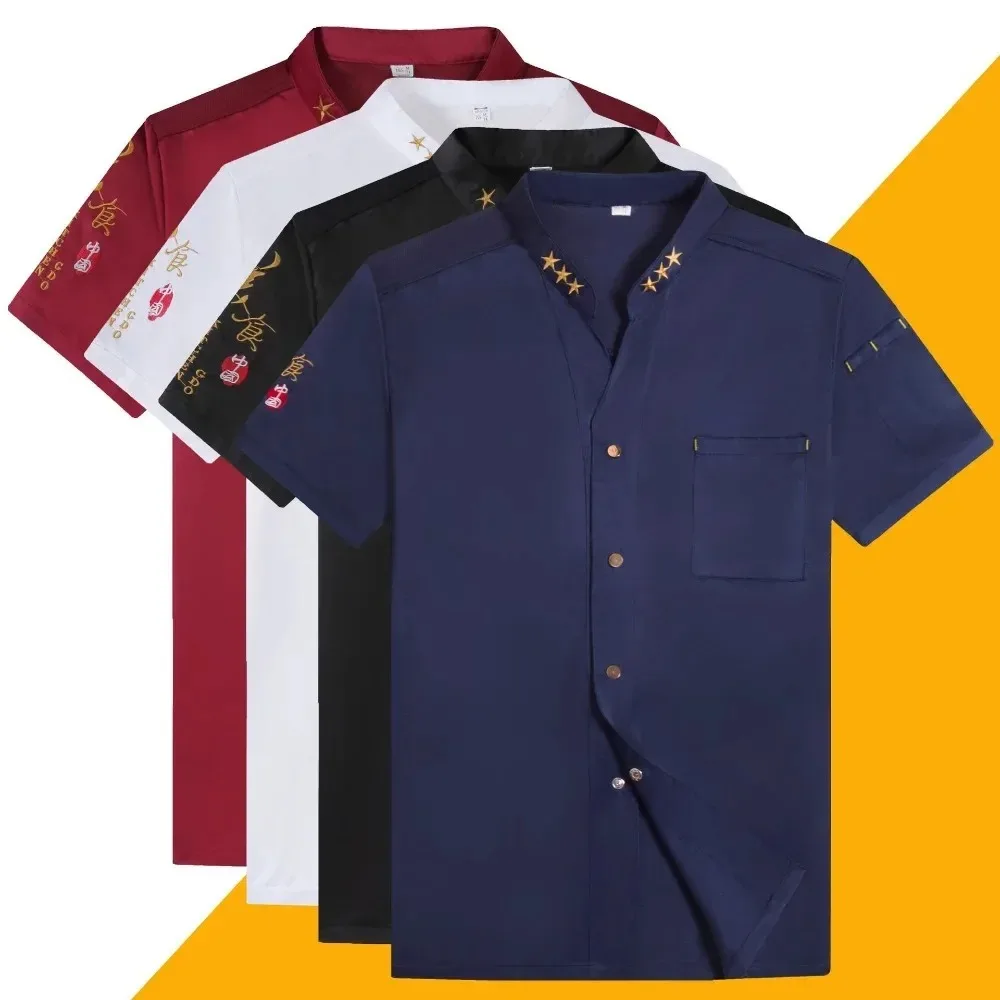 Chef-werkkleding met V-hals voor mannen en vrouwen in de lente en zomer, witte hotelcatering, keukenwerkkleding met korte mouwen