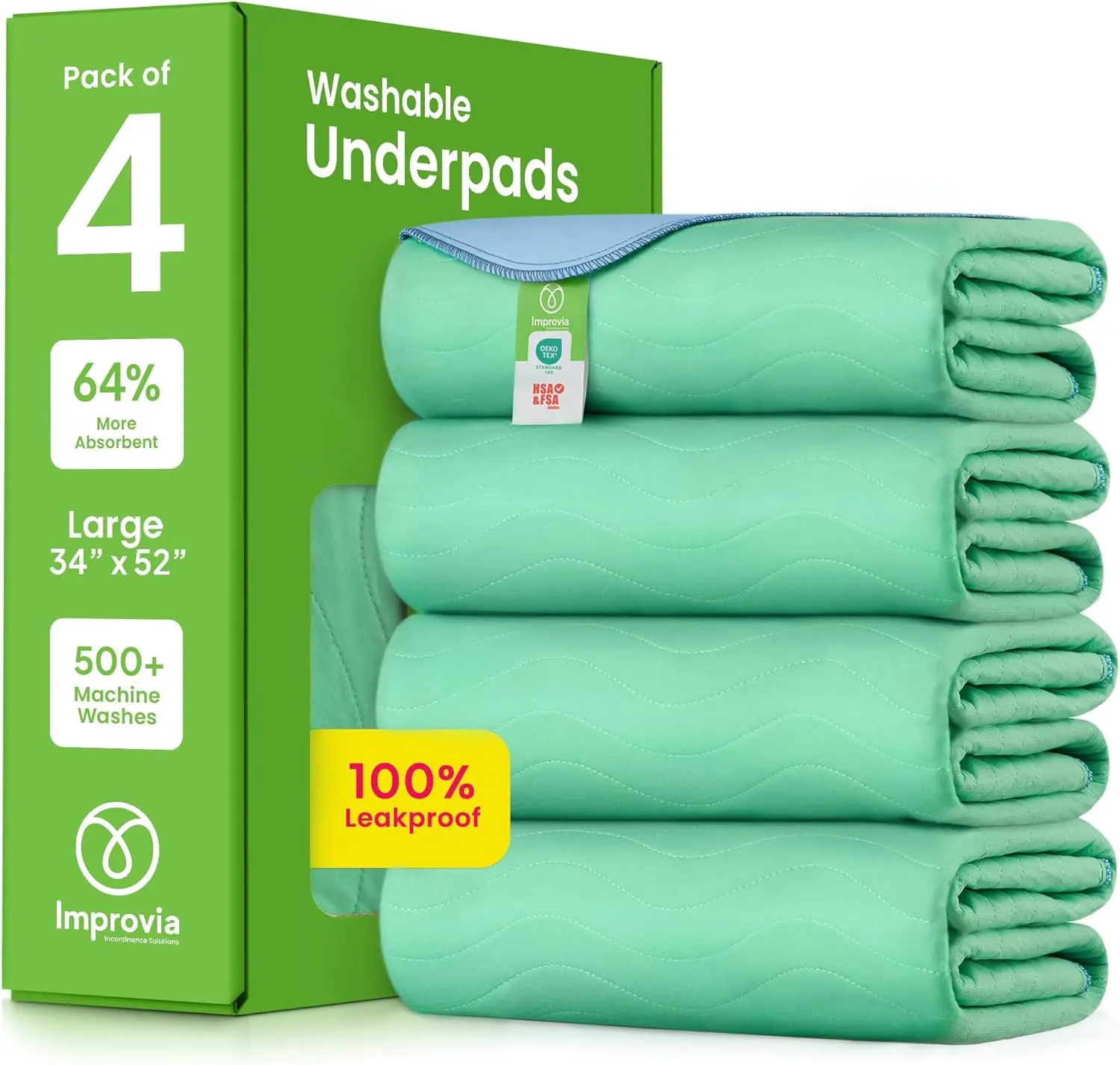 

Reusable Incontinence Pads, 34x52 Inches, Pack of 4 - Heavy Absorbency for Bed, Couch, Furniture Protection