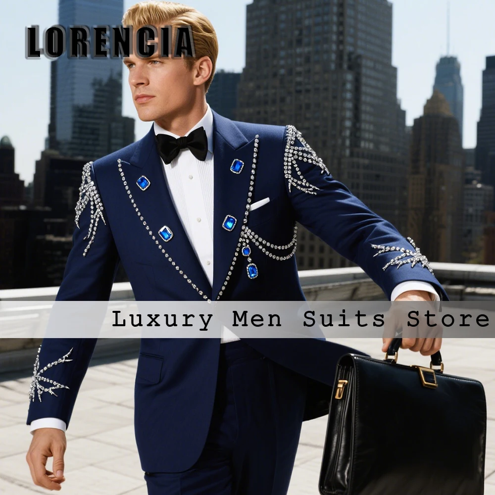 

Glitter Diamond Suits for Male 2 Pieces Sparkly Jewelry Wedding Groom Tuxedos Customized Blazer Pants ternos masculino completo