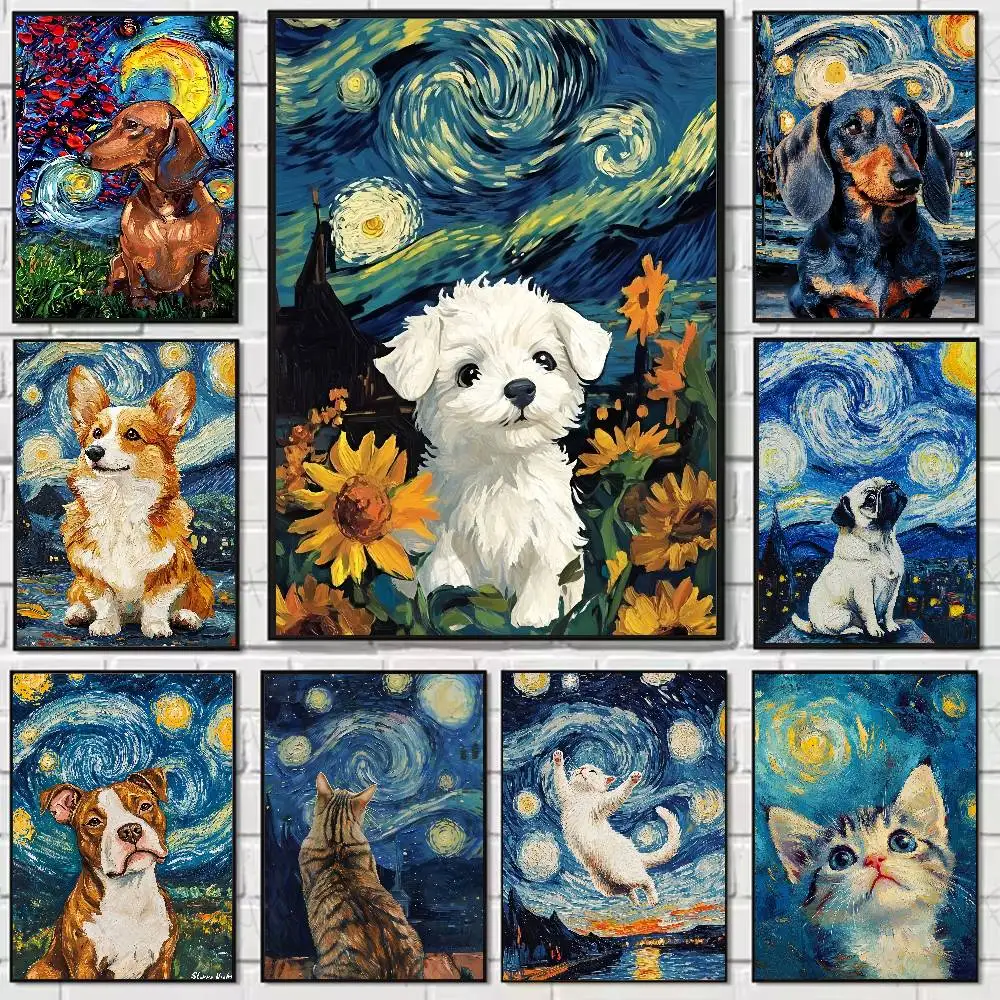 

Cute Cat Dog Starry Sky Oil Poster Home Living Bed Room Bar Hallway Sticky Wall Art Printing Waterproof Aesthetic Decor