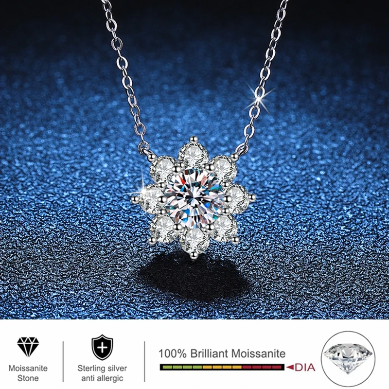 925 Silver 1ct Moissanite Sunflower Snowflake Pendant Necklace for Women Bridal Engagement Wedding Sparkling Luxury Jewelry Gift