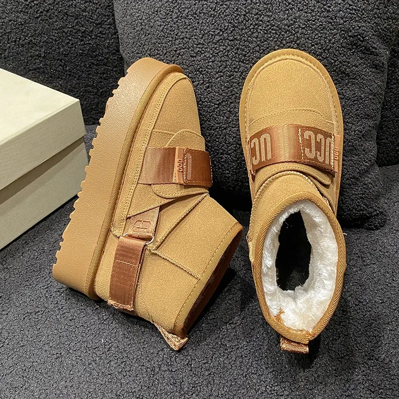 2024 New Winter Frosted Cowhide Snow Boots Flat Platform Elevated Shoes Women Boots Non-slip Casual Warm Cotton Boots