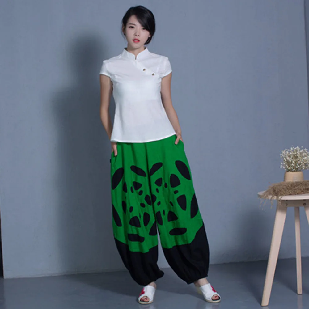 

National Wind High Quality Linen Wide Legs Trousers Women's High Waist Loose Color Combination Personality Elastic Waist Bloomer