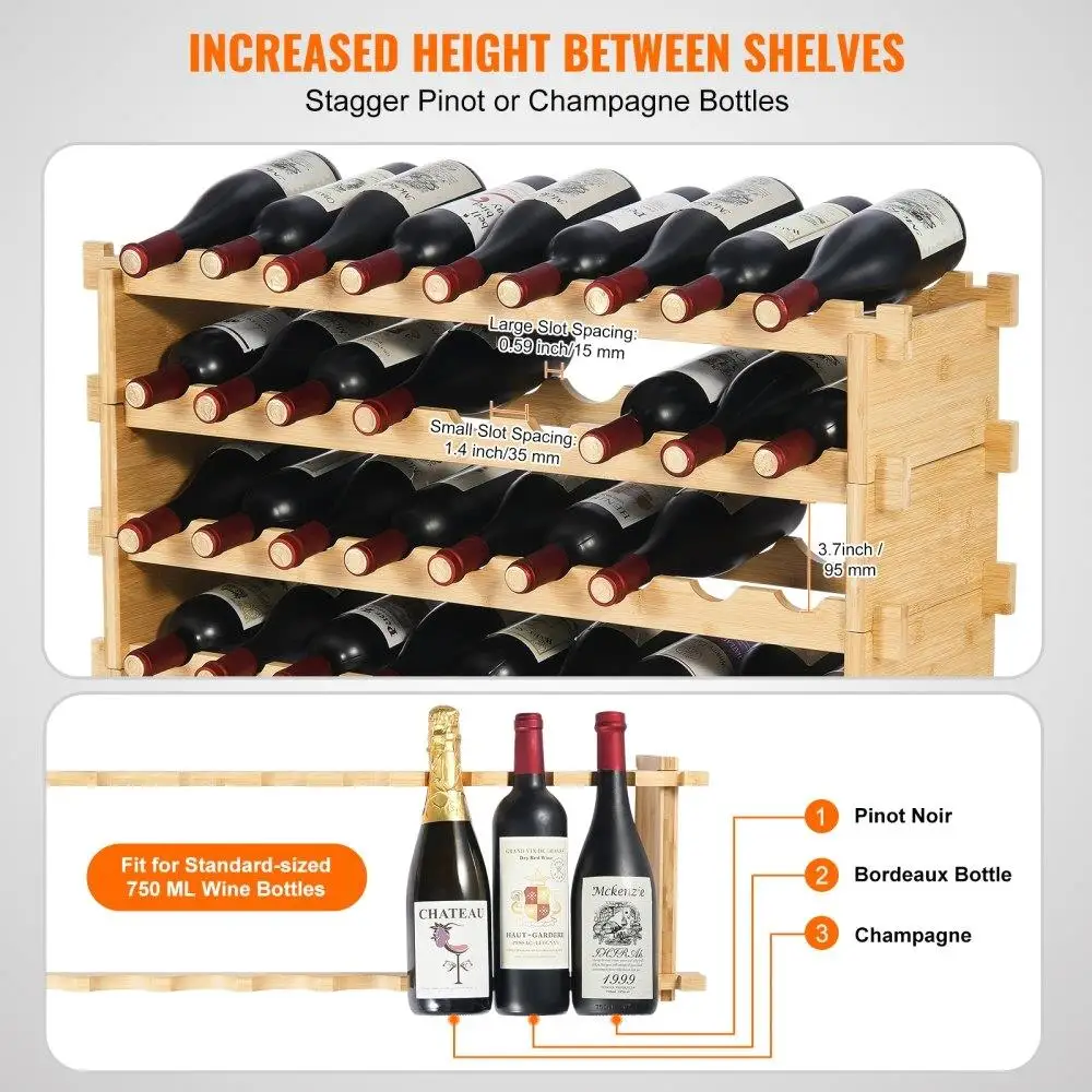 36BottleStackableModularWineRackBambooWoodDisplayShelf4Tier