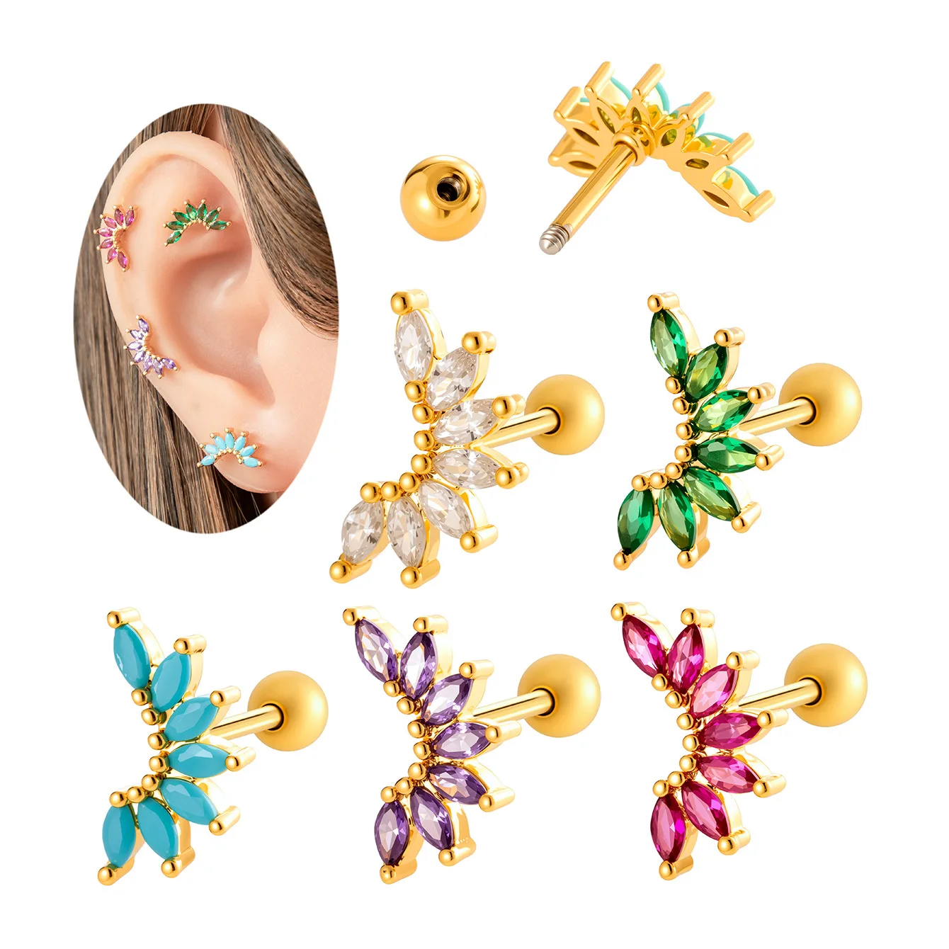 Pendientes coreanos de acero inoxidable con tornillo trasero, Circonia cúbica a la moda, pendientes para cartílago de la oreja superior, joyería para Piercing de hélice y lóbulo, 1 ud.