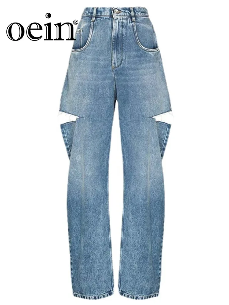 [oein] 2024 Women Summer Autumn Winter Knife Cuts Holes Pants Wide Leg High Waist Jeans Street Trendsetters