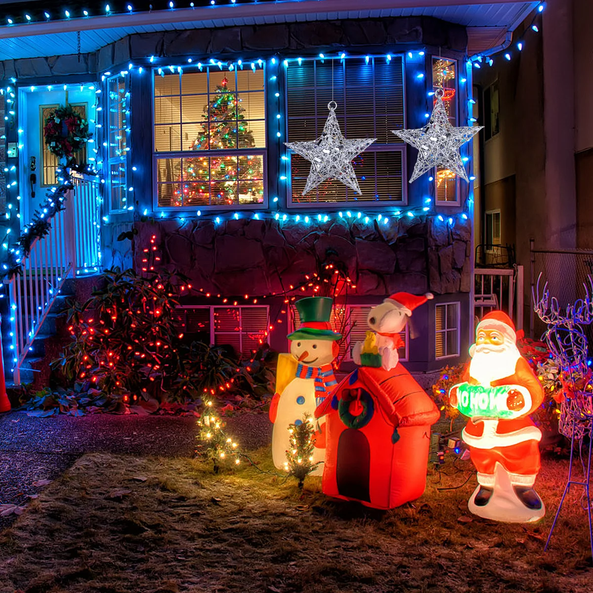 مجموعة واحدة من سلسلة إضاءة الزخرفية ذات النجمة الخماسية، مادة آمنة صديقة للبيئة، مظهر إبداعي لحفلات عيد الميلاد، نافذة جدارية #2