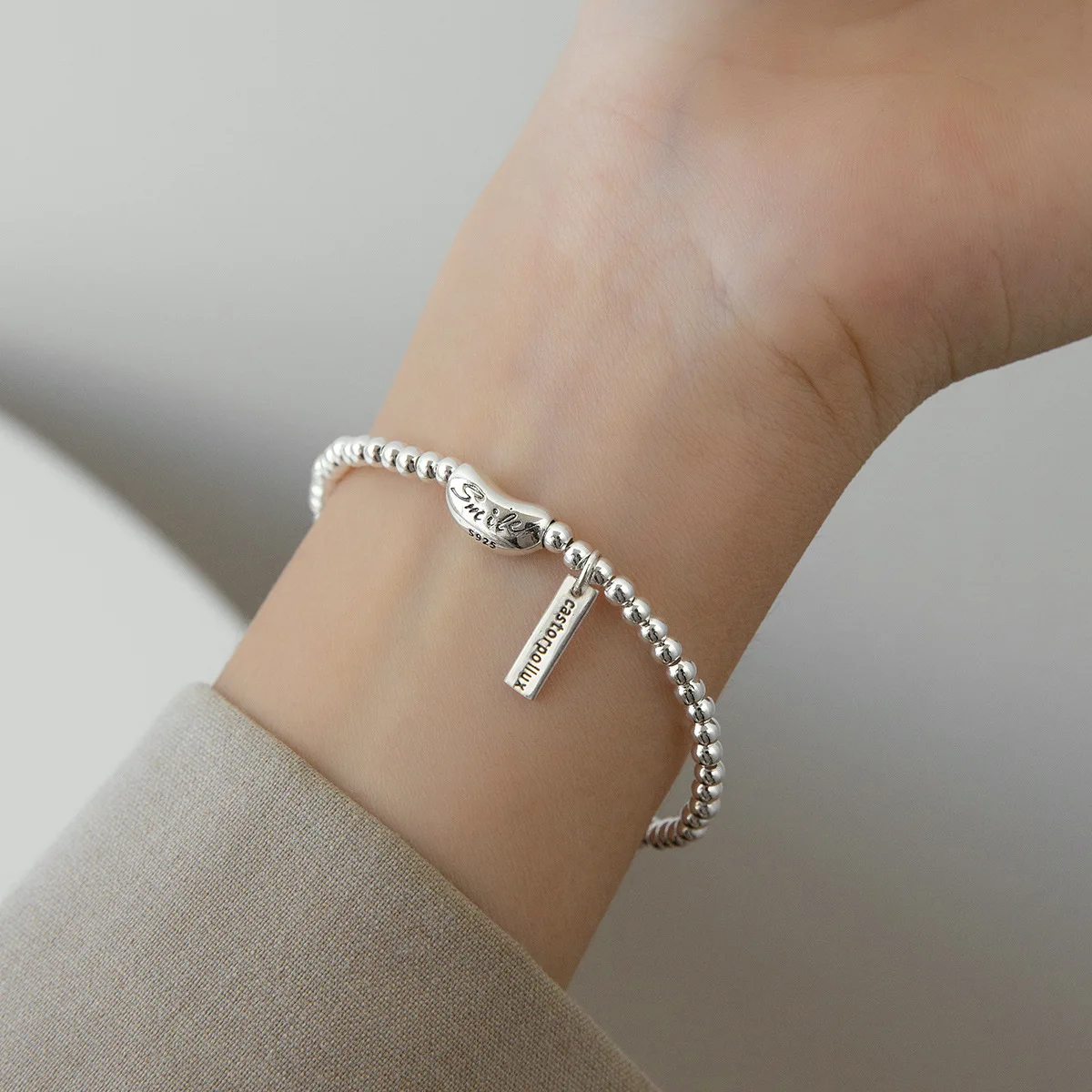 16cm Silver 925 Bracelet Beans ID Card Minimalist Classics Bracelet For Women String Elastic Rope Bracelet Gift For Girls