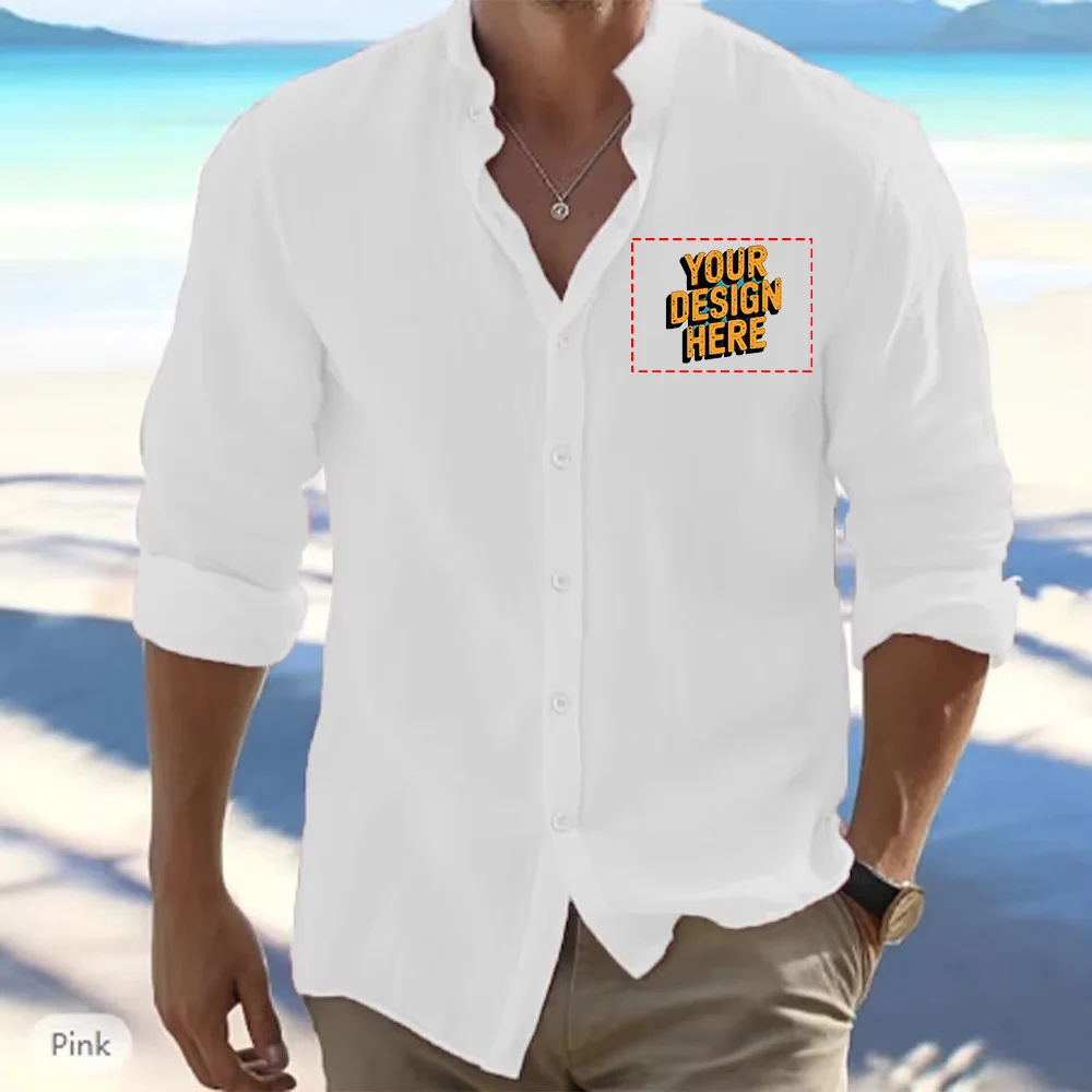 Diy Logo Men's Long-sleeved Cotton Linen Summer Hot Sale Beach Style Shirts Solid Color Casual Versatile Stand-up Collar Shirt