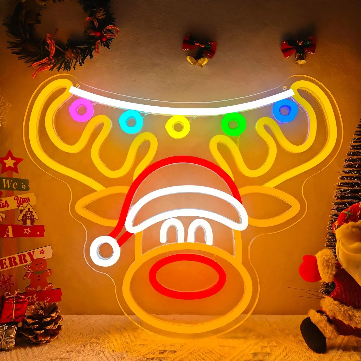 Christmas Reindeer Neon Sign USB Dimmable LED Neon Light for Christmas Holiday Party Home Window Decor Creative Christmas Gift
