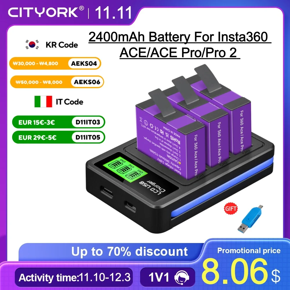 

Аккумулятор CITYORK 2400 мАч для Insta360 Ace Insta360 Ace Pro Insta360 Pro 2, аккумулятор для камеры с 3-слотовым ЖК-зарядным устройством
