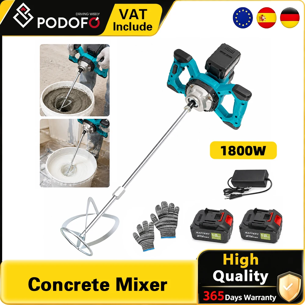 Mezcladora de Concreto Inalámbrica Podofo, Motor sin Escobillas de 1800W, 130N·m de Alto Torque, Mezcladora Eléctrica de Cemento y Mortero de 6 Velocidades, Kit de Herramientas con 2 Baterías de 21V 4.0Ah y 1 Cargador para Construcción y Bricolaje