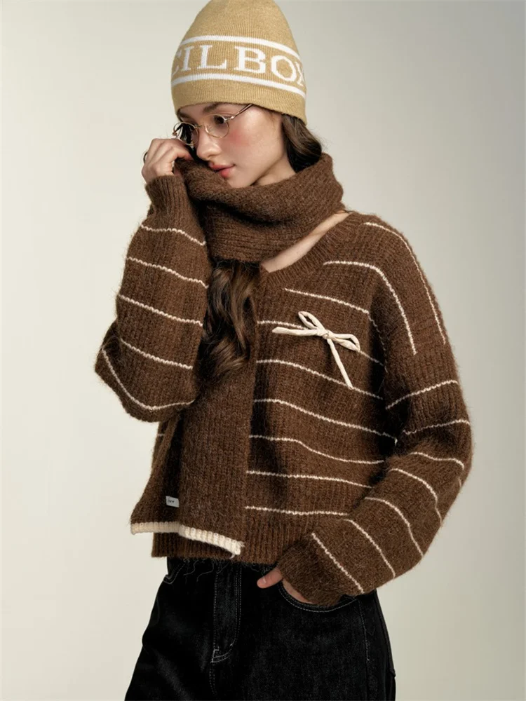 

CHILL ZOEY Caramel Cookie Striped Women's Sweater Knitted Nylon Blend Comfortable Fit Long Sve Regular Length Overhead