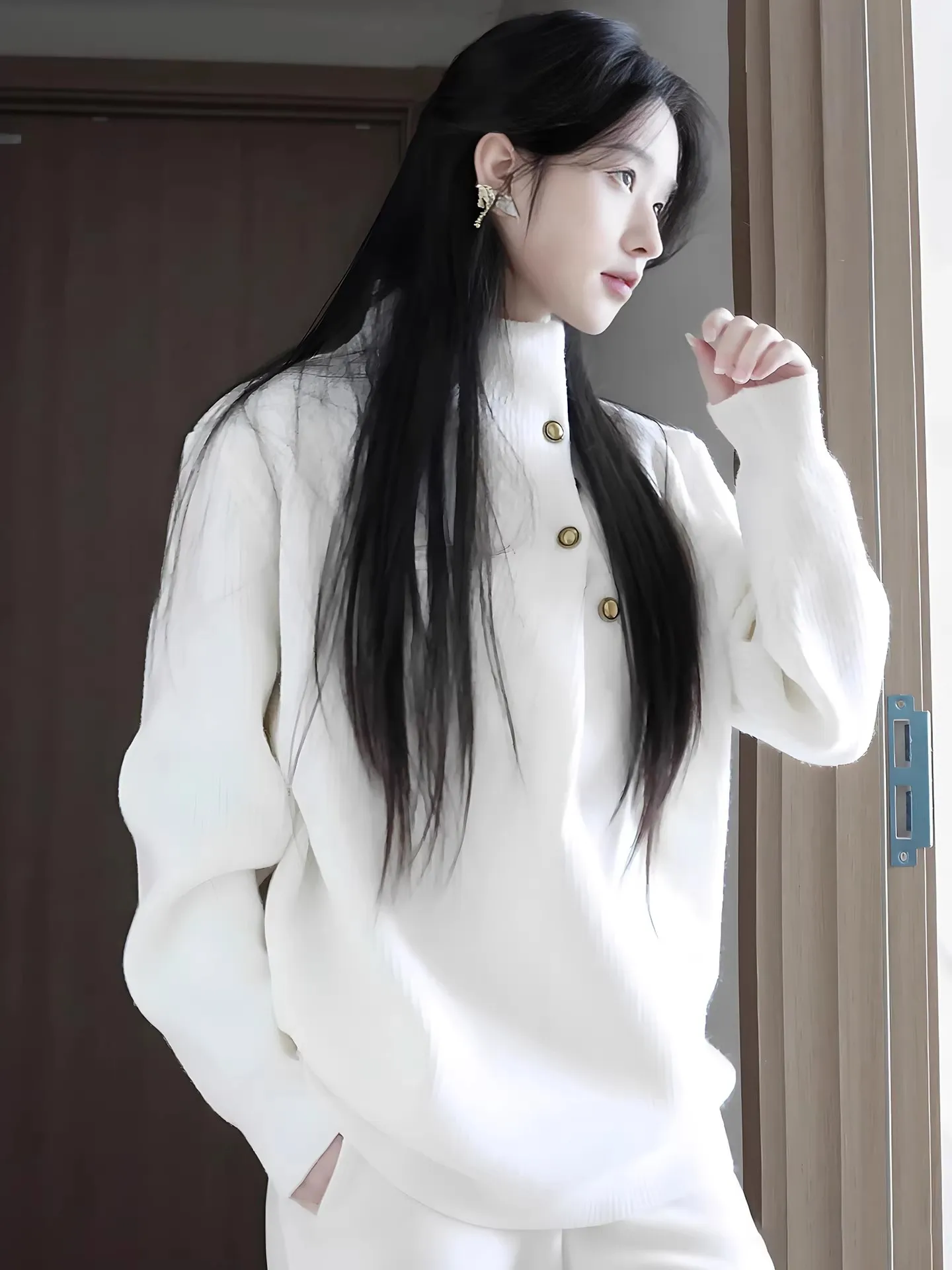 

Casual White Knitted Sweater for Men with Button Design Loose Fit Spring Season Regular Length Long Sve High Collar Top