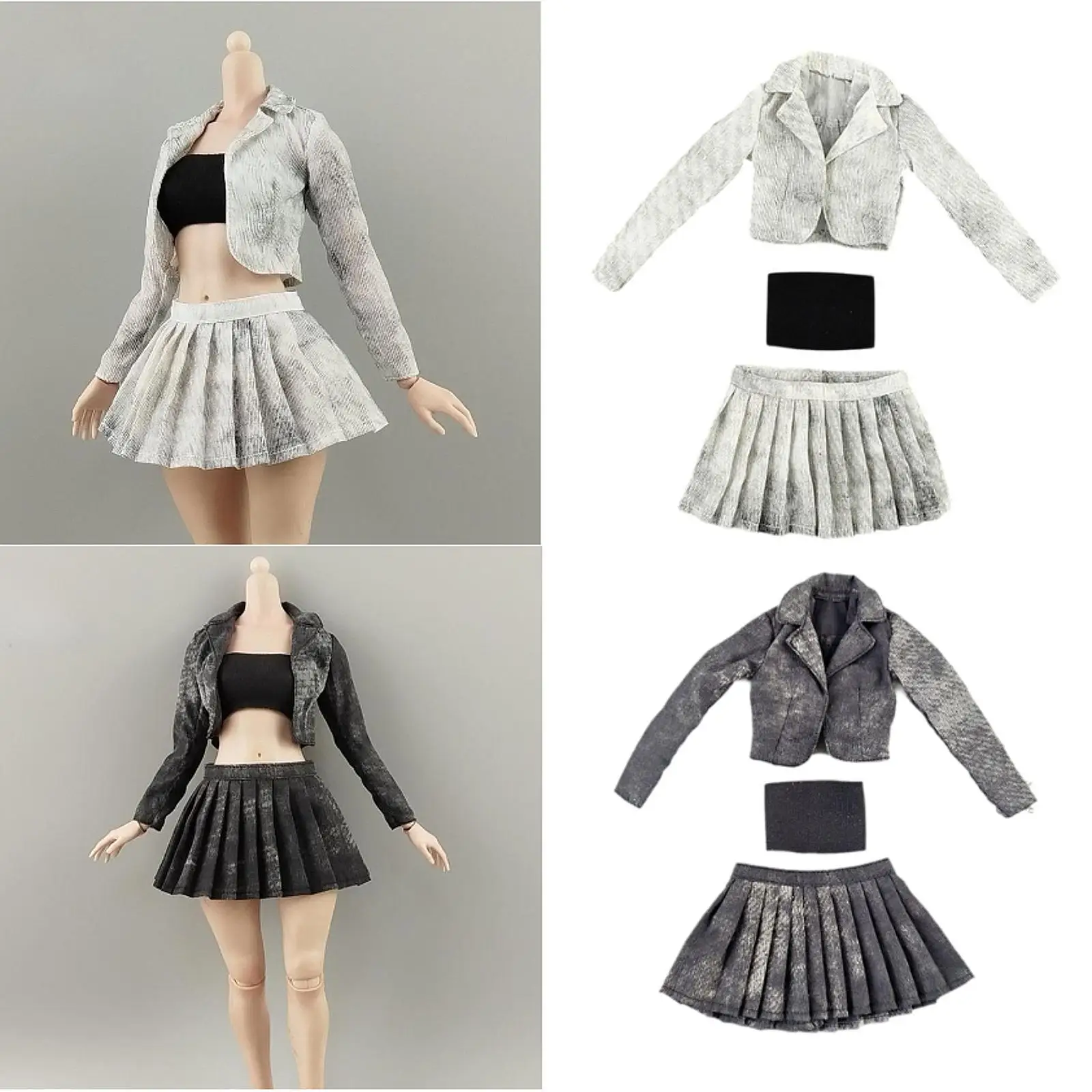 

Короткая куртка в масштабе 1/6, плиссированная юбка и топ-труба для женской фигуры, повседневная модная мини-одежда, миниатюрный короткий костюм, комплект