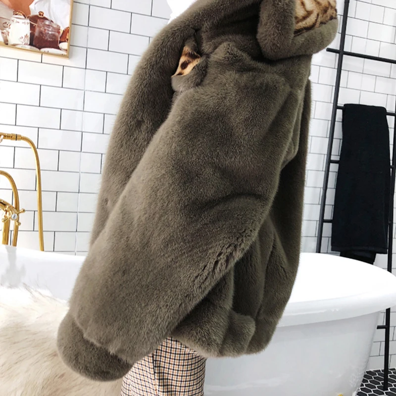 Ftangaiur Winter Import Velvet Mink Fur Coat Long Sleeve Women Turn-Down Collar Leopard Pockets Medium Natural Mink Fur Coats