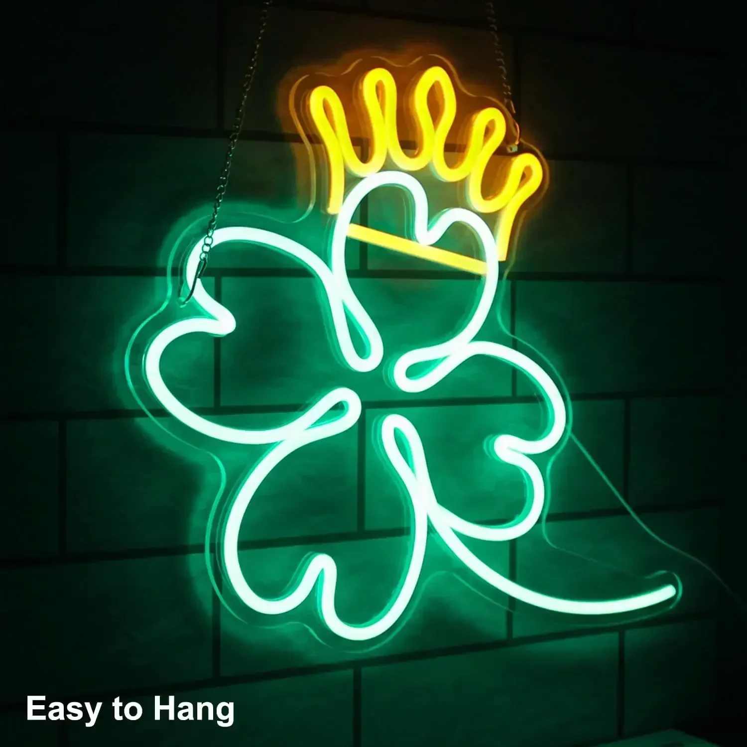 Four Leaf Clover Neon Sign Green Leaf with Crown Neon Lights for Bedroom USB Powered for Night Light Man Cave Birthday Gift