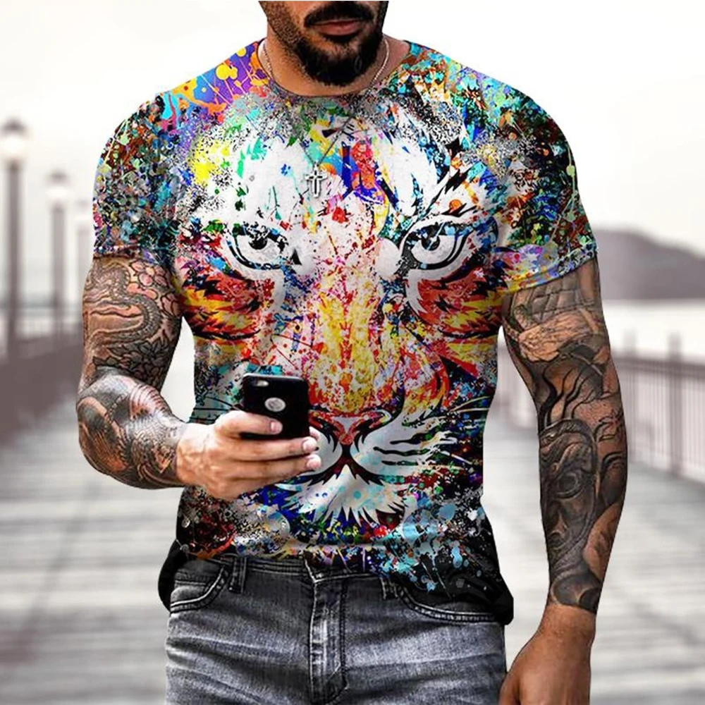 Summer Tees Tops 3D Tiger Print Men\'s T-Shirt Casual Animal Pattern T Shirt Streetwear Quick Dry Fashion Oversized Clothes