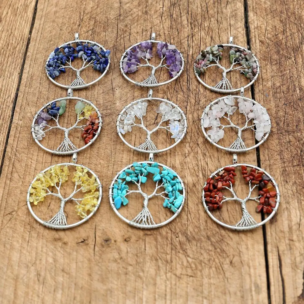 Women Men Rainbow 7 Chakra Tree Of Life Spall Stone Crystal Chips Natural Stone Necklace Pendant Fashion Jewelry Accessories