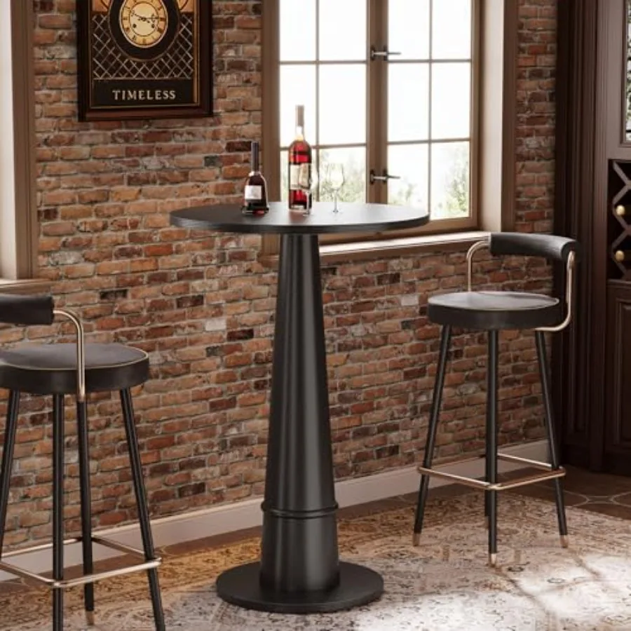 

Round Bar Table 37.4" High Pub Cocktail Table with Solid Wood Pillar for Kitchen Bistro Small Space Black