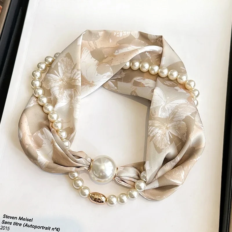 Magnetic buckle pearl necklace small long silk for Women, Lightweight Versatile Bandana Style, Daily Office Party Vacation Boho