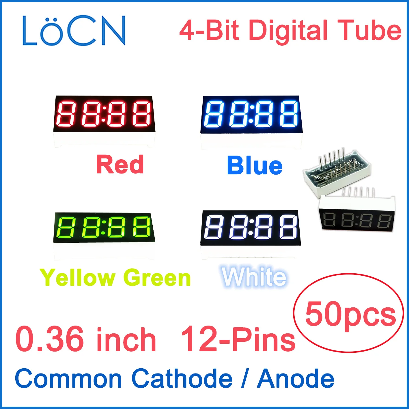 0.36 بوصة LED عرض أنبوب رقمي 4 بت أحمر أزرق أصفر أخضر أبيض الكاثود المشترك الأنود عالية مشرق ساعة عرض 50 قطعة LoCN