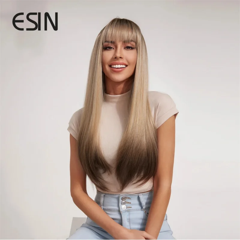 ESIN Synthetic Ombre Brown Wigs for Women Long Straight Wig with Bangs Heat Resistant Fiber DailyCosplay Party  Natural looking