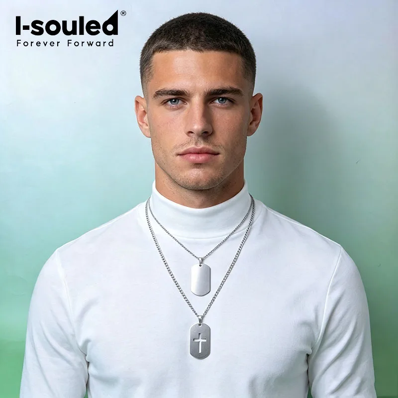 3.5mm/4.5mm pure titanium polished denim chain necklace paired with military pendant, simple and fashionable