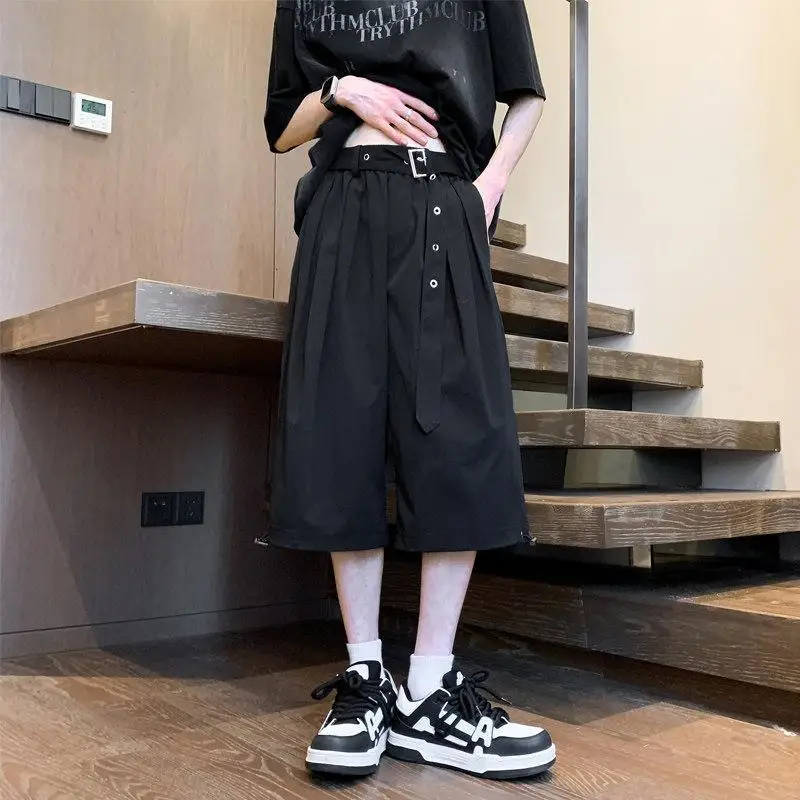 男性夏のハイストリートベルトカジュアルルーズソリッドカラー多用途ポケットスプライシングワイドレッグパンツ