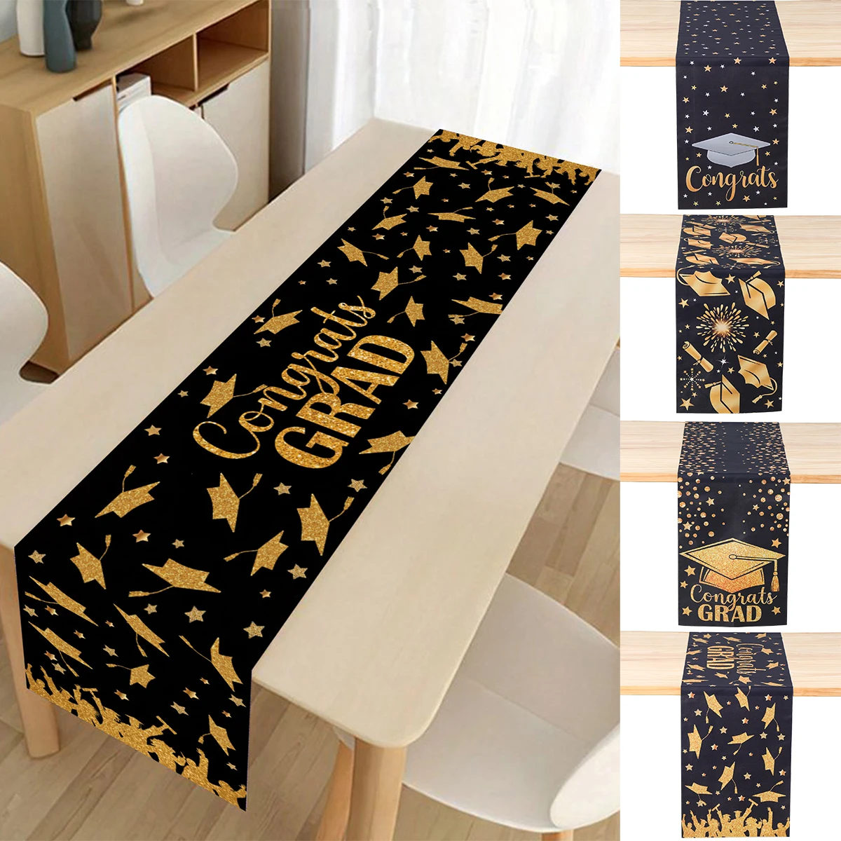 Graduation Table Runner Graduation Decorations 2025 Black Gold Polyester Graduation Table Cloth Prom Grad Party Table Decoration