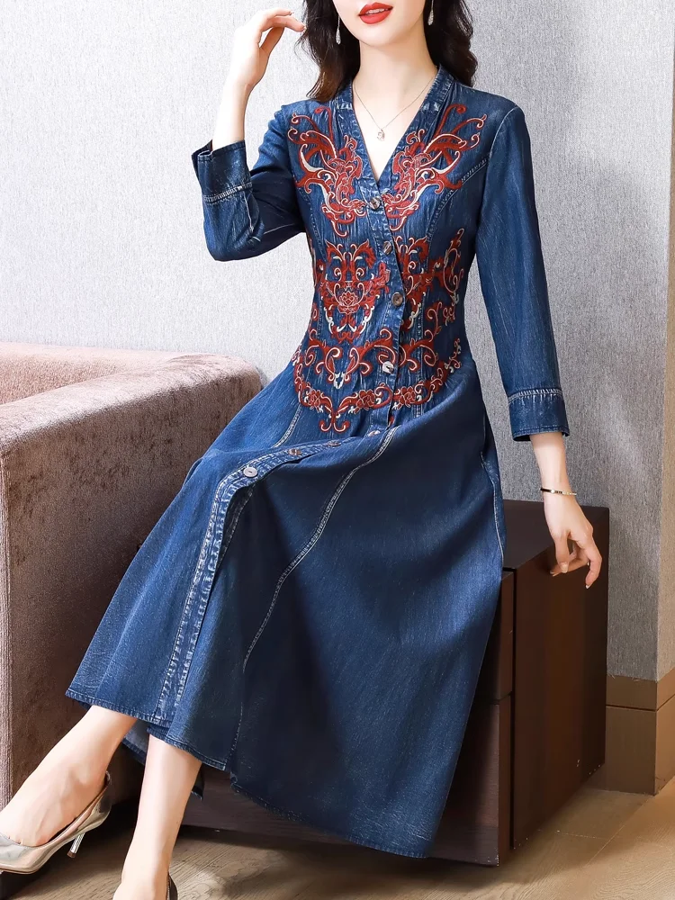 

TIYIHAILEY 2023 New Free Shipping Vintage Women Long Mid-Calf Single Breasted Autumn Denim M-4XL Chinese Style Embroidery Dress