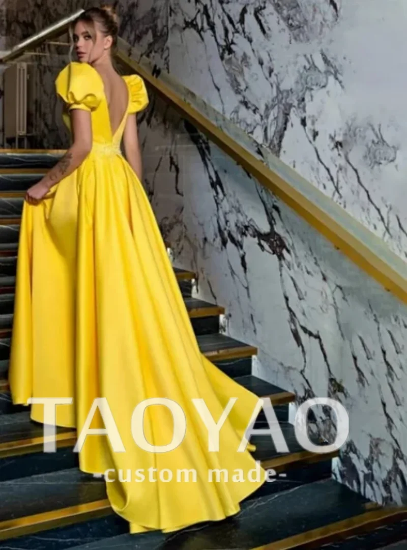 Yellow Satin V Neck Sexy Evening Party Dresses for Women Fashion High Waist Puff Sleeve Women's Dress Elegant Train Prom Gown