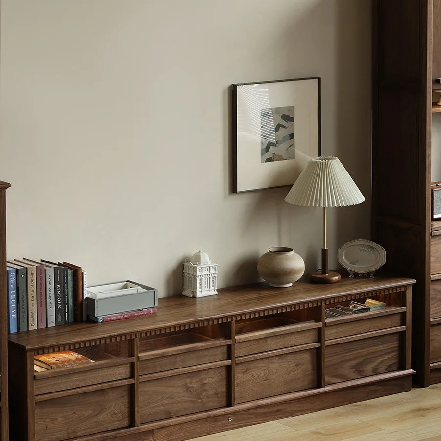 North American black walnut solid wood TV cabinet living room skeleton line side cabinet retro style multi-drawer storage TV