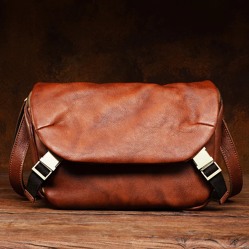 Functional Messenger Bag MEN\'S Ins Tide Leather Shoulder Bag Retro MEN\'S Casual Vegetable Tanned Leather Messenger Bag