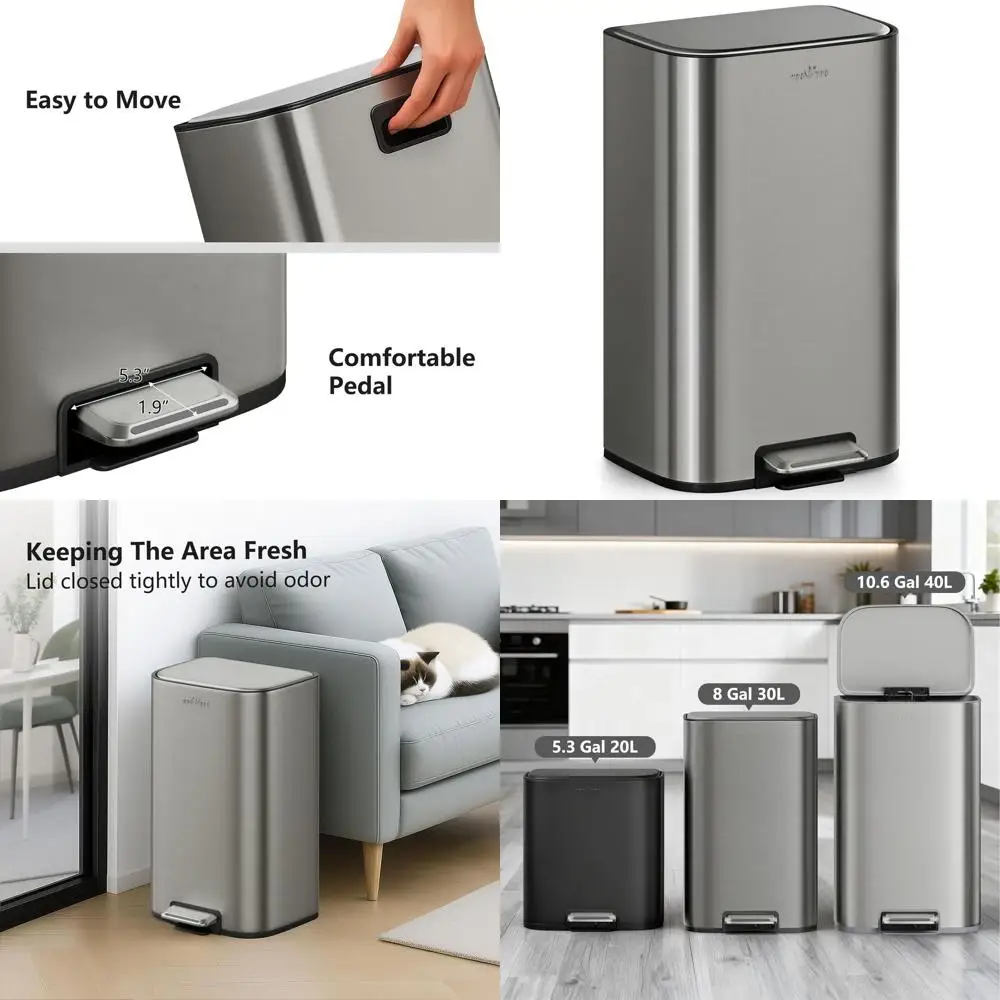 

Мусорное ведро для кухни объемом 10,6 л с гладкими краями и крышкой, педальное, серое