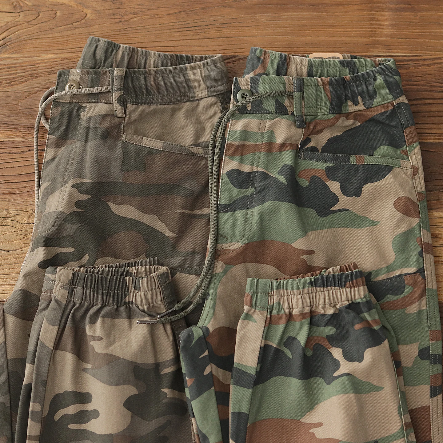 

Men's Camouflage Loose Straight Leg Cotton Work Trousers Retro Waed Dstring Elastic Waist Casual Cargo Pants