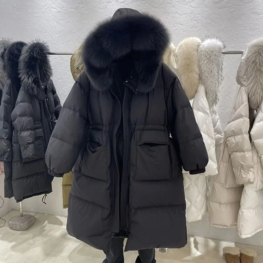 Luxury Outerwear Long Puffer Jacket Duck Down Coat Warm Female Fluffy Parkas Loose 2024 Real Fox Fur Collar Down Jacket Women