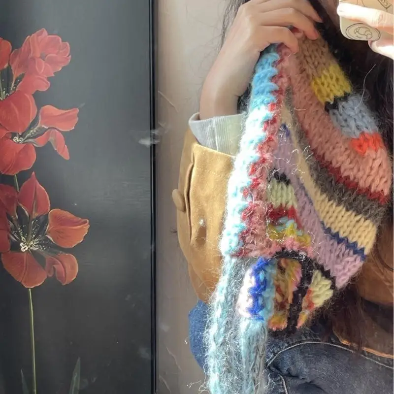 31BB Contrast Color Striped Hat French Styles Knitted Hat for Women Daily Use