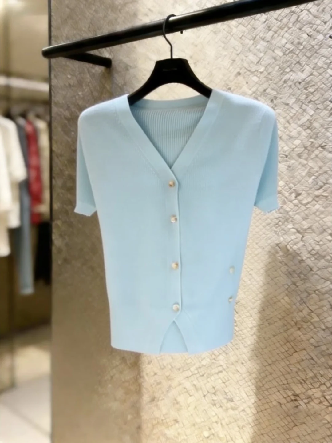 

Синий вязаный кардиган с V-образным вырезом из ледяного шелка, легкий летний повседневный топ с коротким рукавом, женская футболка из дышащей ткани