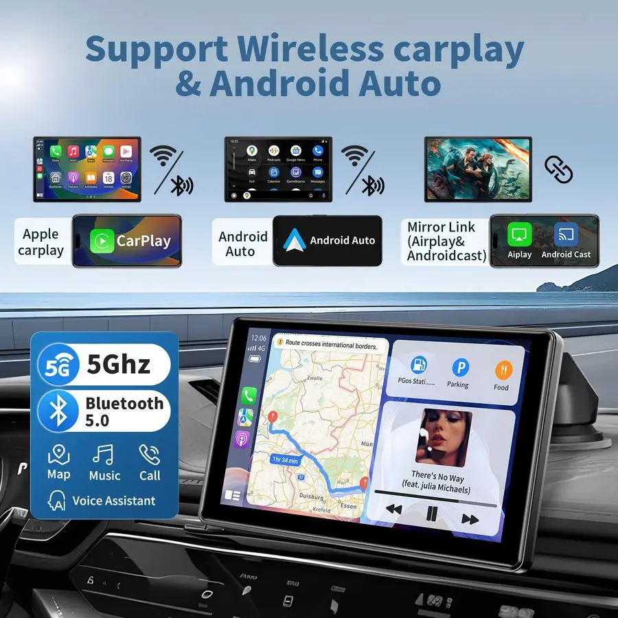 شاشة carplay لاسلكية محمولة مقاس 9 بوصة للسيارة وشاشة لمس أندرويد أوتوماتيكية عالية الدقة مع كاميرا احتياطية 1080P وصلة مرآة للملاحة V