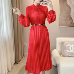 Pleated Temperament Small Turtleneck Solid Color Goddess Long Sleeve Dress Versatile Younger Fashion