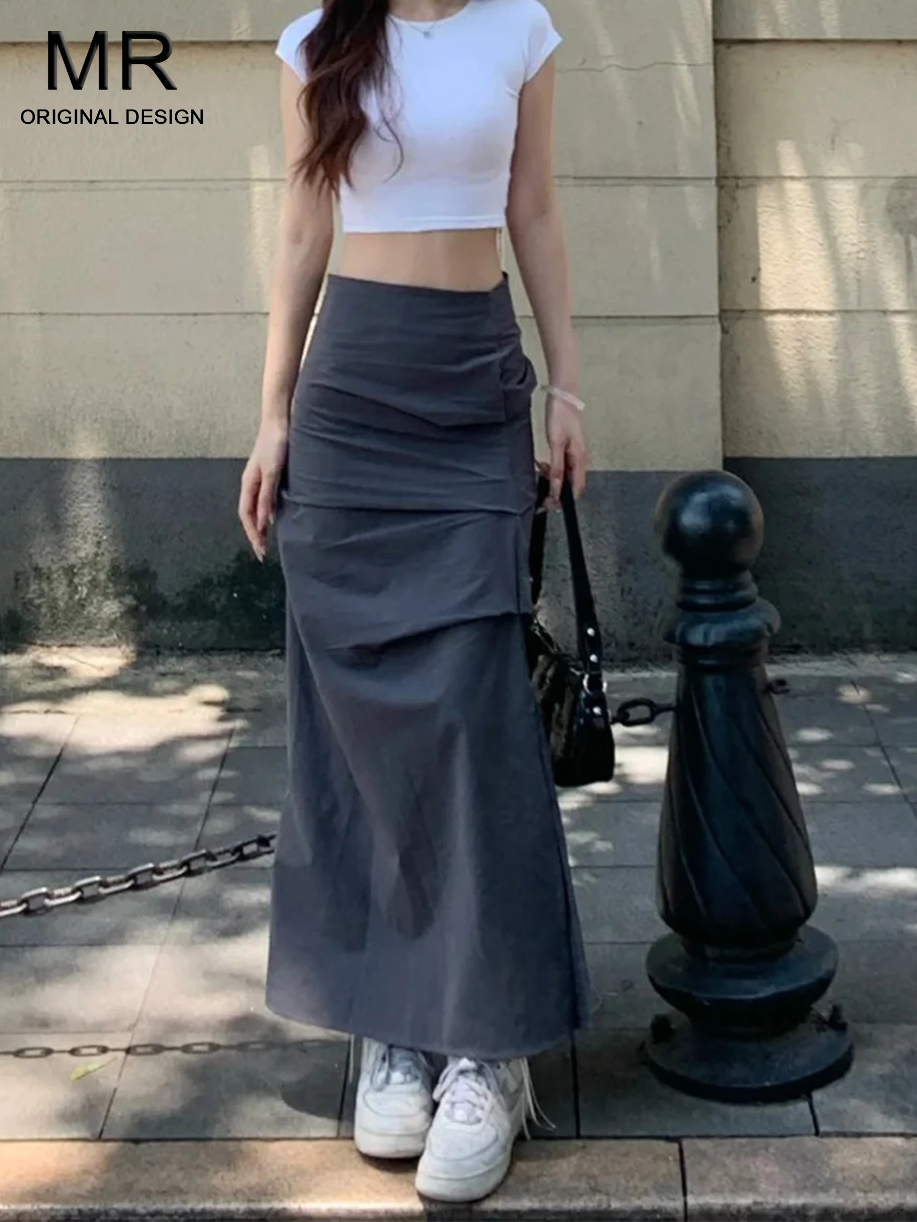 Gray American Workwear Style Half Skirt Women's New 2026 Spring Design A-Line Slit Bodycon Long Skirt Trendy Casual High Waist