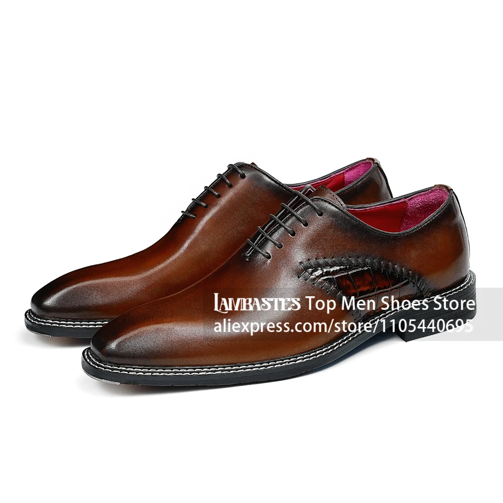 Leather Croc Patch Stitch Oxfords Pointed Almond Toe Formal Business Dress Shoes Side Croc Panel Lace Up Leather Shoes for Men