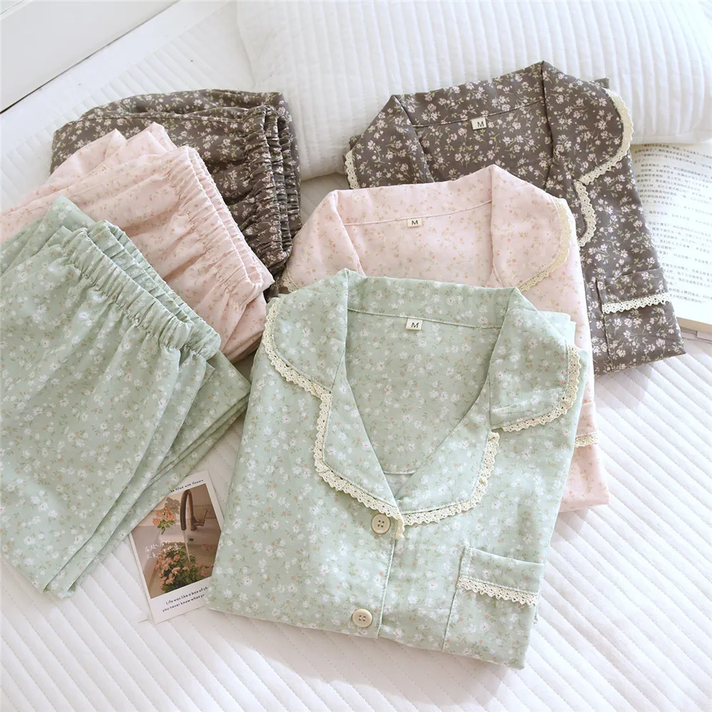 

Spring and Autumn Women's Pajama Set Print Floral Cotton Gauze Retro Shirt Pants Two Piece Set Home Clothes