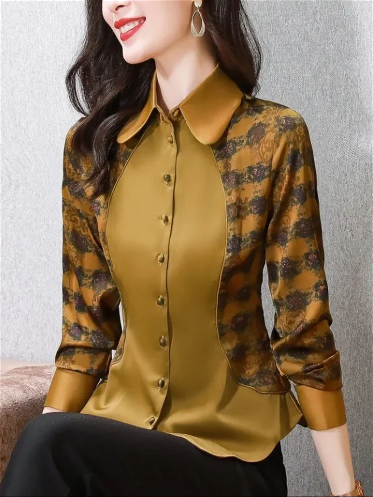 Slim Ladies Blouses Satin Shirt For Women Cardigan Blous Top Thin Bottom Shirt Woman Vintage Blouse Laple Button Up Female Shirs